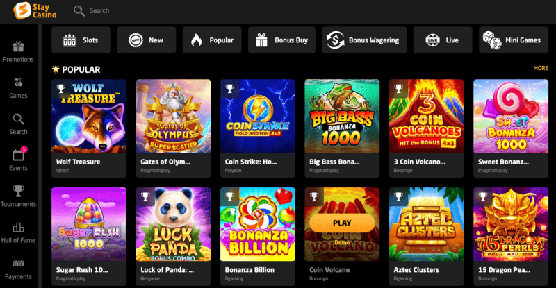 Game lobby at Stay Casino